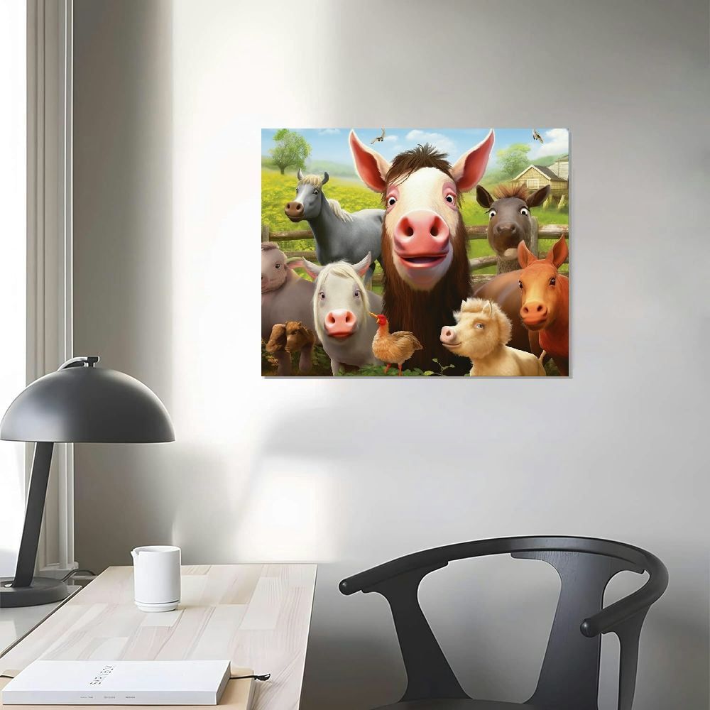 JEUXUS  Funny Farmhouse Animals Wall Art Cow Pig Donkey Friends Canvas Wall Decor Rustic Farm Animals Pictures Painting Country Style Artwork for Home Bathroom Office Framed Ready to Hang