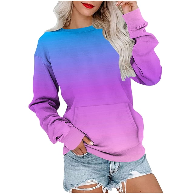 Dagugfen Chemises à Manches Longues pour Femmes Chandail Dégradé Col Rond Ample Vêtements d'Automne Tendance Confortables Chandails en Molleton