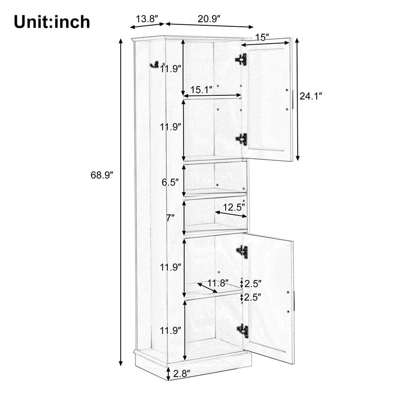 Freestanding Modern 2-Door Bathroom Storage Cabinet, Versatile Sideboard Pantry Cabinet with Hooks and Adjustable Shelves