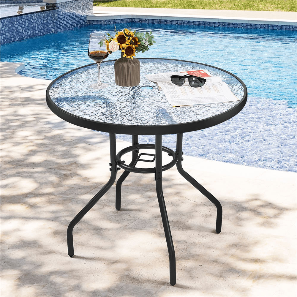 Alden Design 31.5" Round Patio Bistro Coffee Table with Tempered Glass Top for Balcony Garden, Black