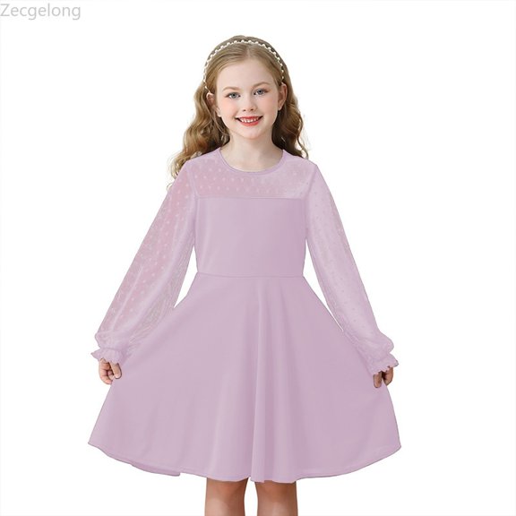 Zecgelong Girls Lace Long Sleeve Solid Color Cute Dress For Ages 6 15 Girls Dress For Kids Size 6-7 Years Beige