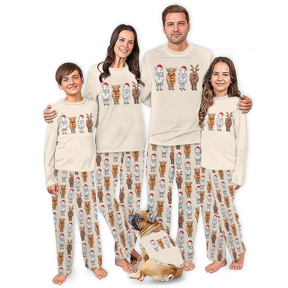 Highland Cow And Reindeer Matching Family Christmas Pajamas, Family And Dog Holiday PJs, Plus Sizes, With Pockets