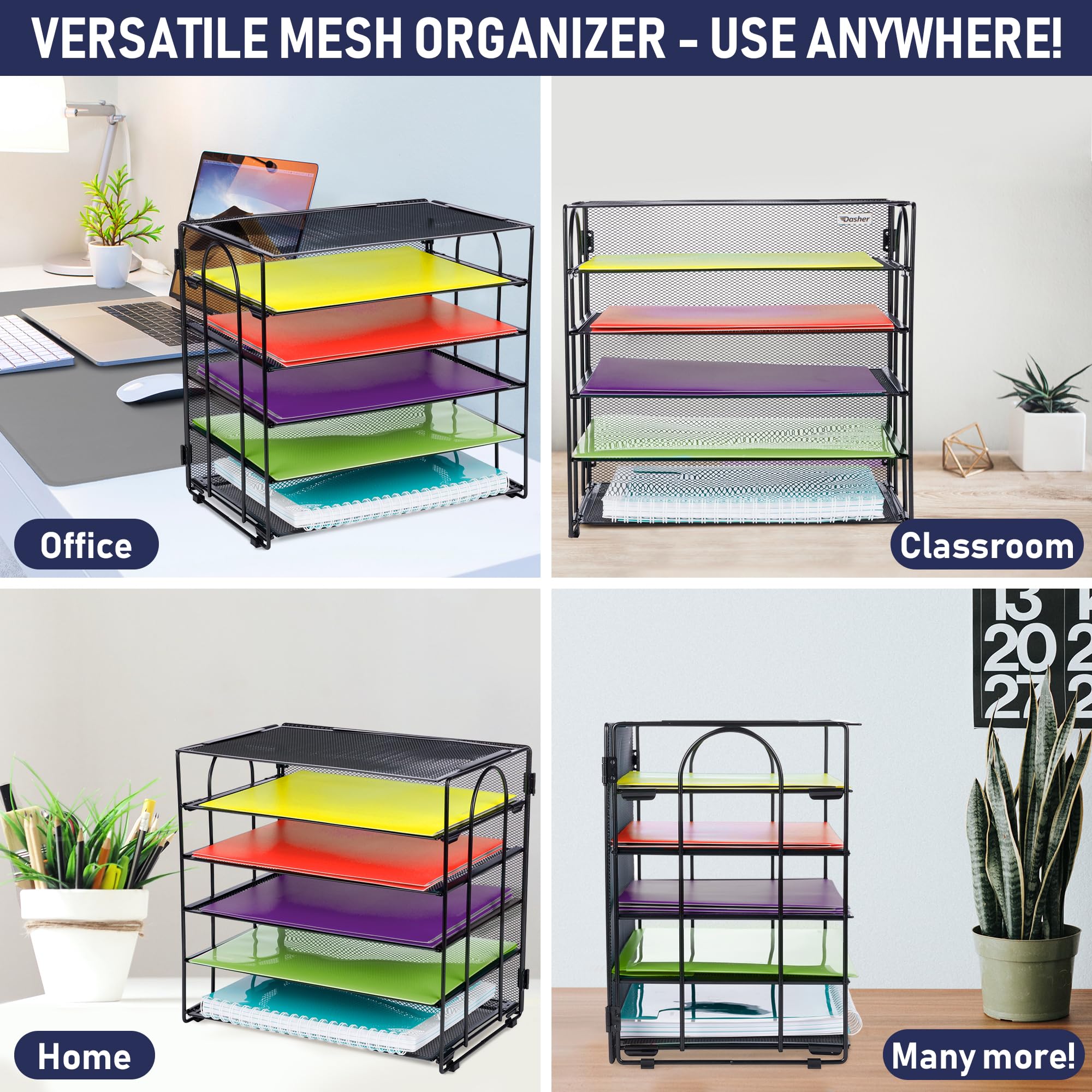 Desk Organizer Tray, Letter Tray in Black Metal Mesh for Organizing Files, Papers, Bills, Folders, Letters, and Binders. Desktop Paper Rack for Home, Office, or School (5 Tier - New)