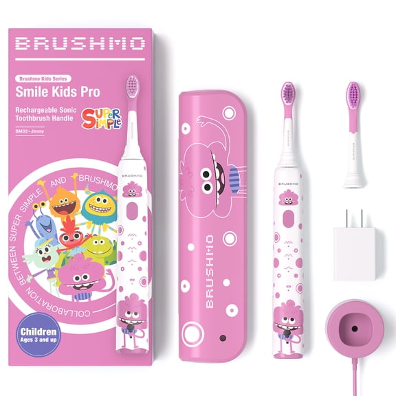 BRUSHMO x Super Simple Songs Jimmy Kids Rechargeable Sonic Electric Toothbrush with Travel Case, Pink, Extra-Soft Nylon Bristles