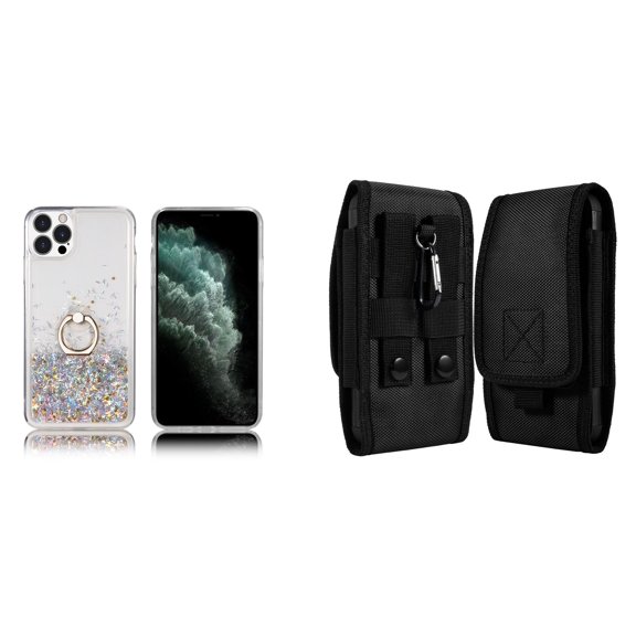 Waterfall Liquid Glitter Stand Case and Belt Holster Pouch for iPhone 14 Pro - Silver