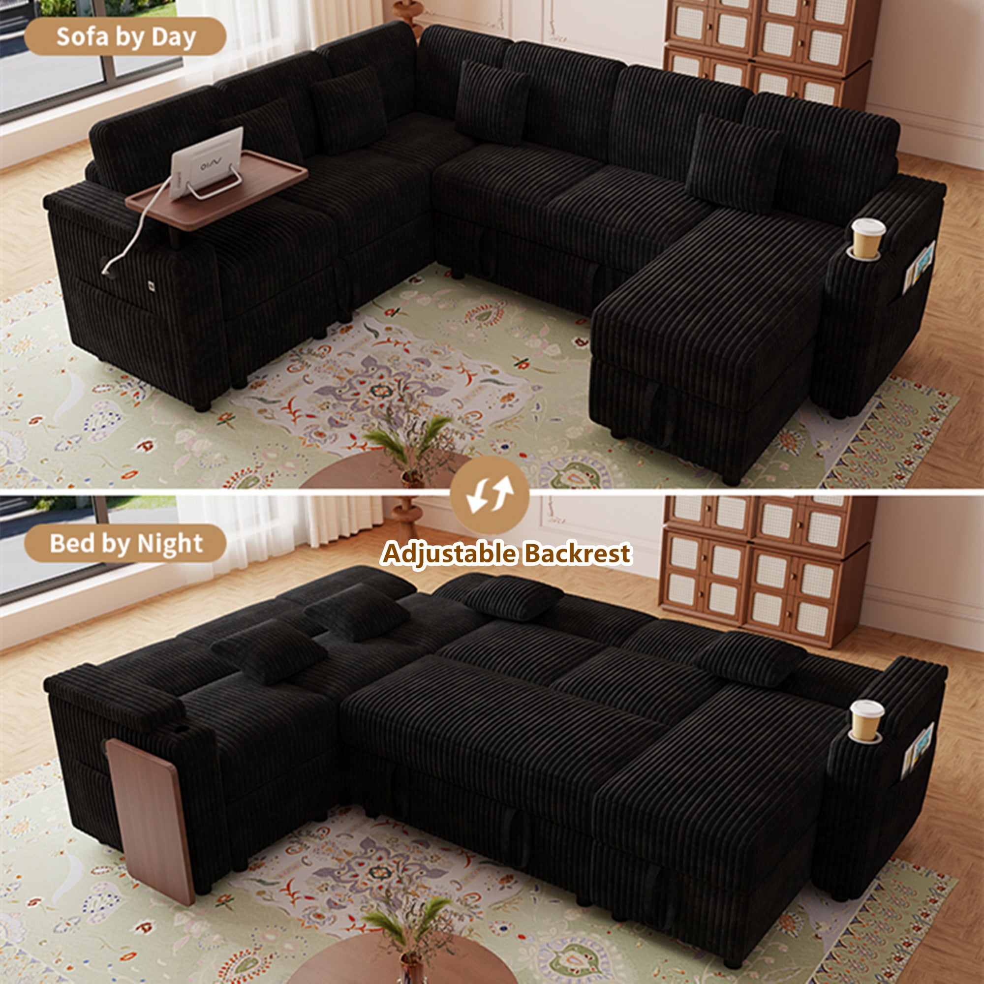 Aukfa 7 Seat U Shape Sectional Couch Convertible Sofa Bed with USB, Cupholder Arm Storage Console, Floating Desktop, Corduroy, Black