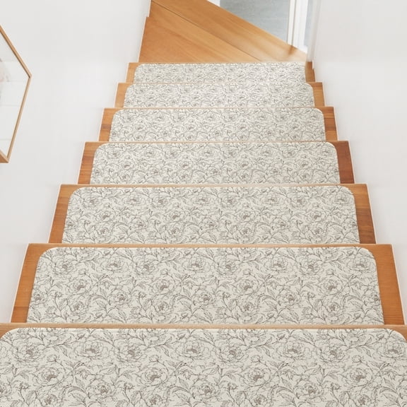 Country Beige Wildflowers Stair Treads Non Slip for Steps Rustic Farmhouse Pastoral Floral Leaf 4 Pcs Reusable Adhesive Stair Runner Mats for Dogs Elders Carpet Treads Rugs for Staircase 8x30 In