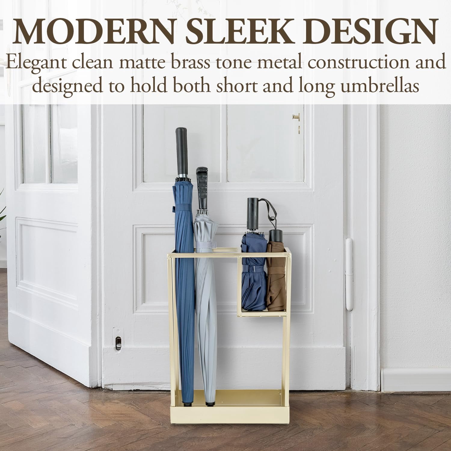 Modern Brass Tone Metal Entryway Umbrella Rack With Geometric Design  13 X 5-inch Wide Rectangular Freestanding Cane Holder Shelf For Small And Bottom Drip Catch Tray
