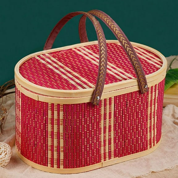 HOMEMAXS Bamboo Storage Basket Box with Swing Handle Portable Oval Woven Bin Decorative Basket  Organizer for Clothes Toys Miscellaneous Items