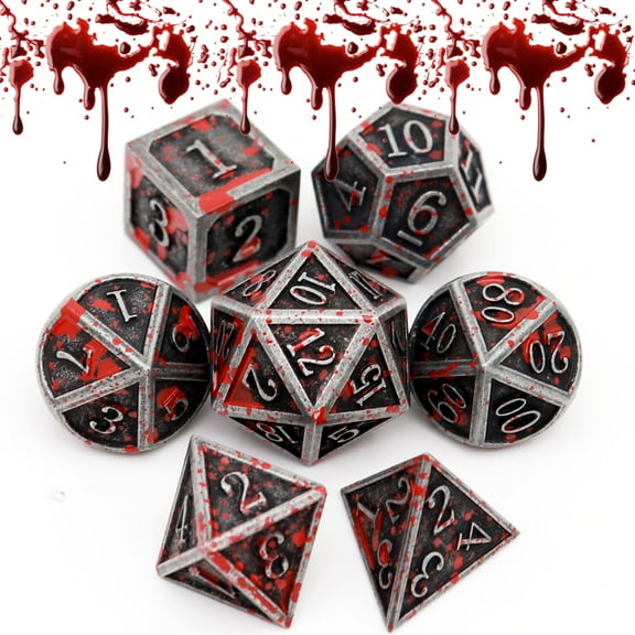 Haxtec Bloodstained Metal DND Dice Set D&D D D Dice With Leather Dice Bag Blood Splatter Dice Halloween Dungeons and Dragons TTRPG Gift