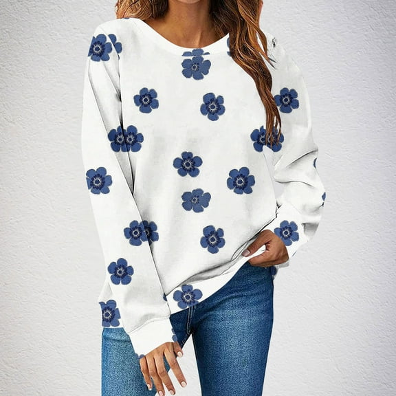 ClodeEU Women's Floral Print Long Sleeve Sweatshirts ,Casual Crew Neck Loose Going Out Pullover Tops White,Womens Plus XXL