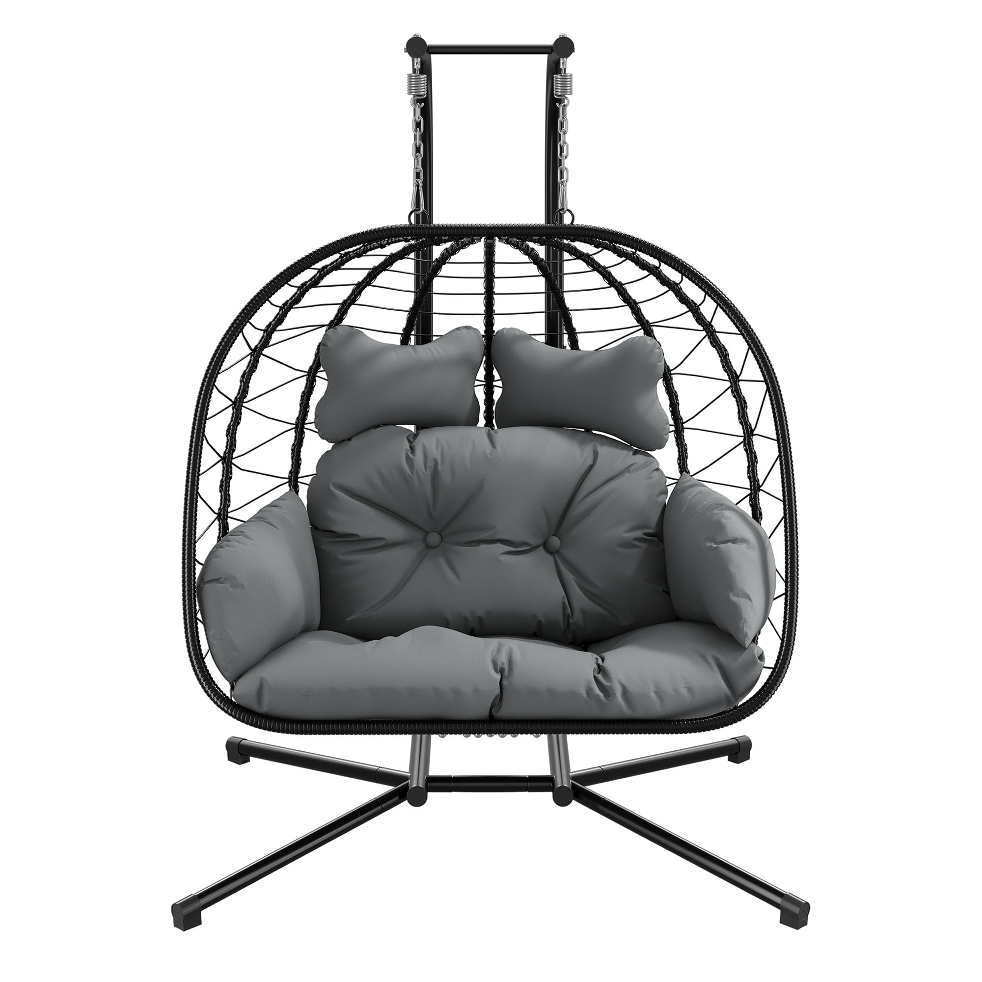 LHBcraft Double Wicker Swing Egg Chair Hammock Foldable Hanging Loveseat with Stand, UV Resistant Removable Cushions, 700LBS Capacity for Bedroom, Balcony (Black and Grey)