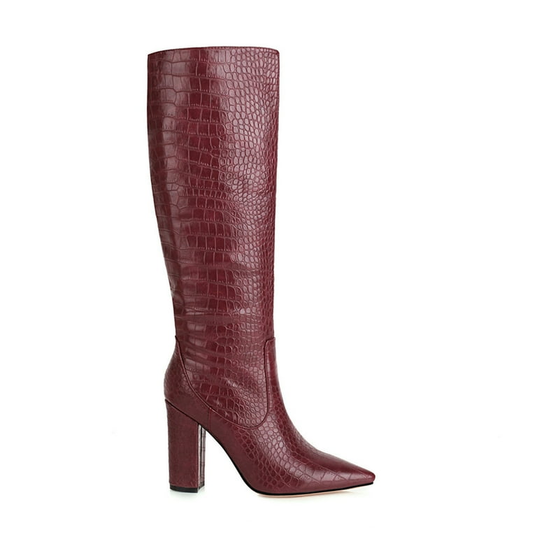 hopeusnice Women's Knee High Boots Pointed Toe Chunky Heel Leather