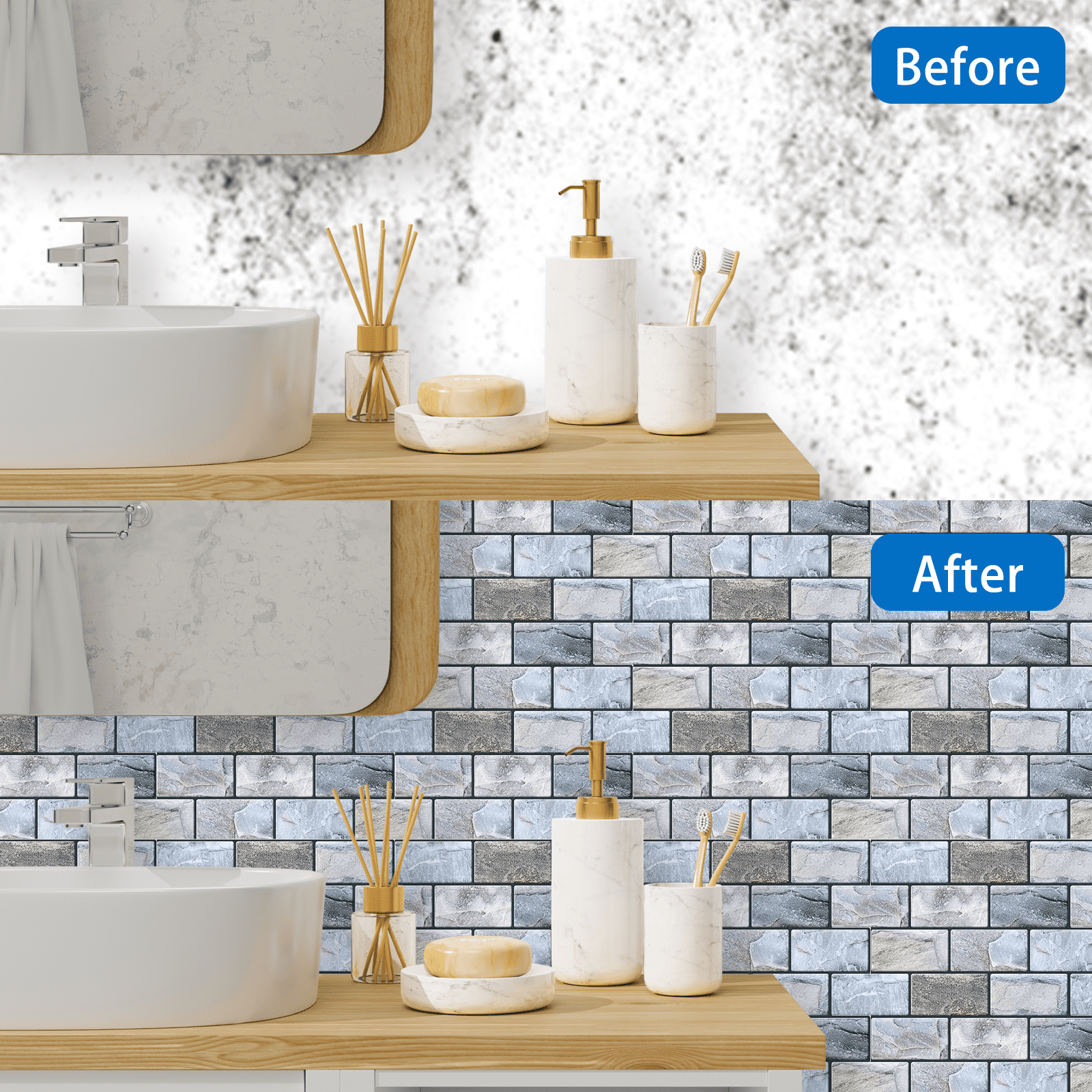 DEWOO 10 Sheets Peel and Stick Tile Backsplash for Kitchen Wall Tile, Self Adhesive Brick Backsplash Subway Tiles Backsplash, Stick on Tiles Kitchen Backsplash(Retro Blue,10.6"x10")