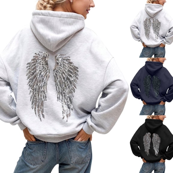 HOWPAY Angel Wings Hoodies for Women Sparkly Long Sleeve Casual Pullover with Pocket Drop Shoulder Vintage Loose Fit Fall Winter Outfits Clothes Grey L
