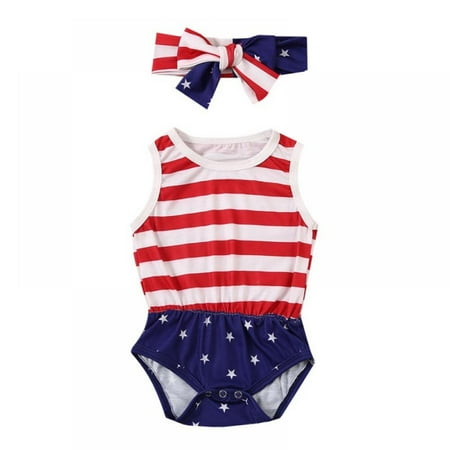

Brand Clearance!4th of July Kids Girl Outfit Newborn American Flag Romper Tassel Sleeveless Bodysuit with Headband Clothes