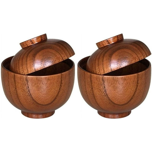 ABCISI Miso Bowl with Lid: 2pcs Wooden Japanese Bowls Lacquered Rice Bowls Traditional Soup Bowls Food Serving Bowl Salad Snack Bowls for Home Kitchen Restaurant Brown
