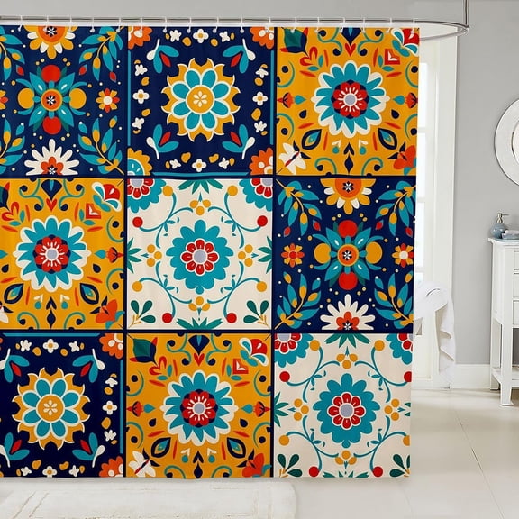 Boho Floral Shower Curtain Bohemian Tile Fabric Bathroom Curtain with Hooks 71x71 inches