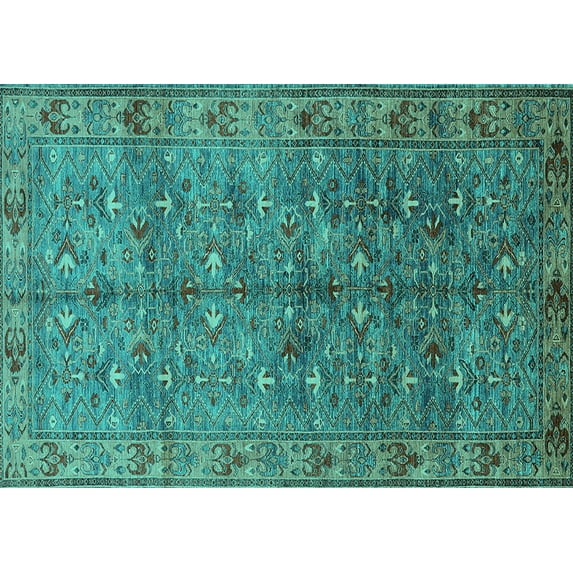 Ahgly Company Machine Washable Indoor Rectangle Oriental Turquoise Blue Industrial Area Rugs, 6' x 9'