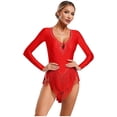 thumbnail image 2 of YONGHS Justaucorps de Danse Jazz Latin à Franges et Strass pour Femmes, Hauts de Danse de Salon Rouge S, 2 of 7