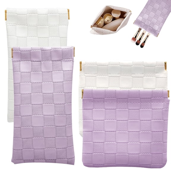 Soda Candy 4 Pack Checkered Small Makeup Bag for Purse, Waterproof Leather Mini Cosmetic Pouch No Zipper Self Closing Lipstick Coin Bag for Women Travel