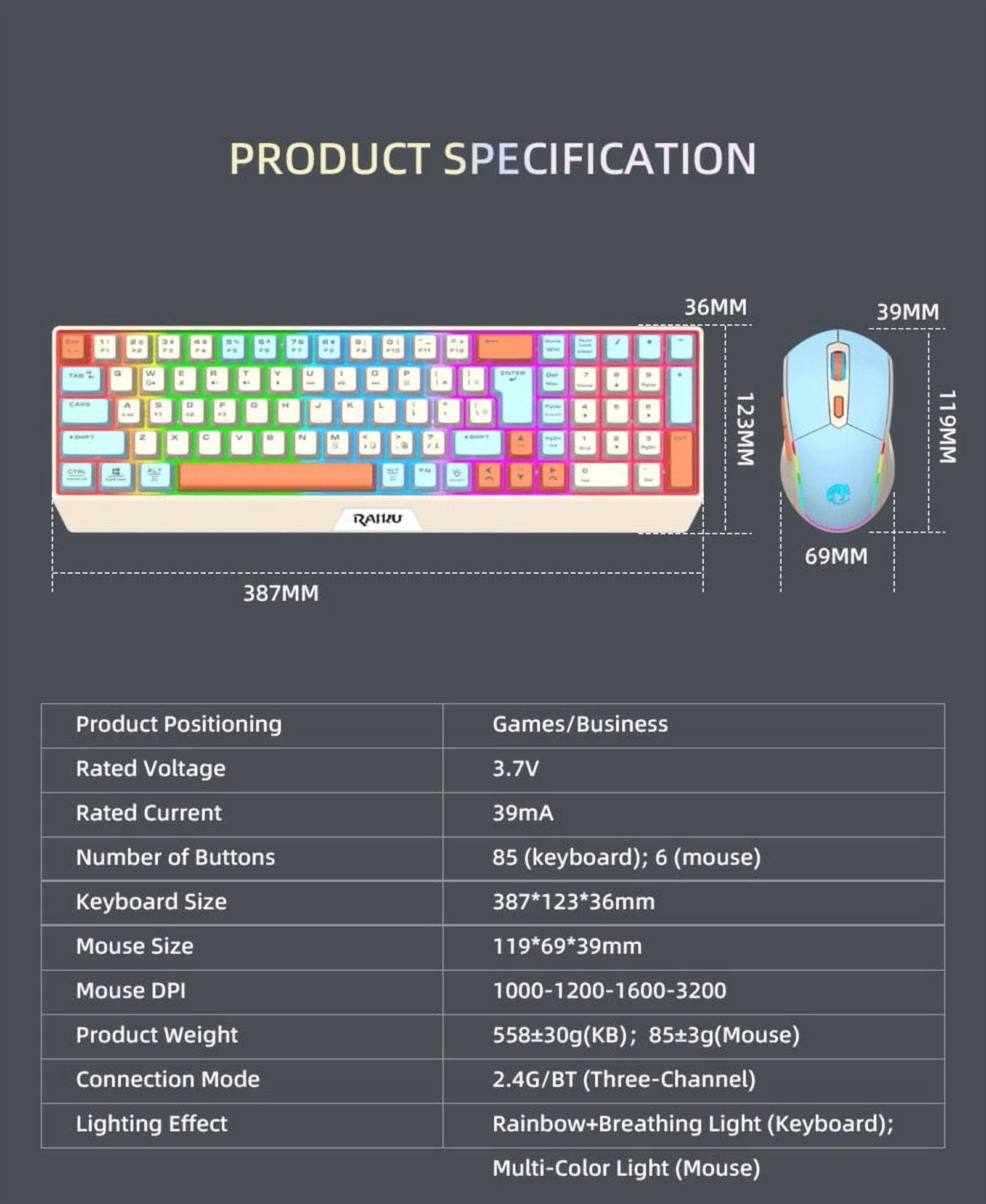 Wireless keyboard and mouse combination charging gaming silent BT5.0 and 2.4G USB dual-mode 7-color backlight, USB-C interface RGB backlight suitable for Mac laptops and desktop computers