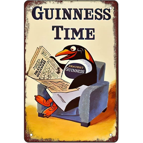 Guinness Time, Penguin Reading Newspaper Funny Bar Wall Decor Home Decor Retro Sign Tin Sign 12 X 8 Inches