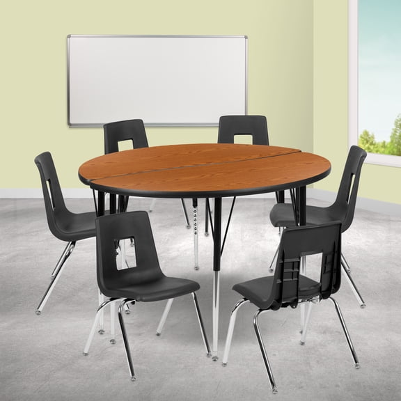 BizChair 47.5" Circle Wave Flexible Laminate Activity Table Set with 18" Student Stack Chairs, Oak/Black