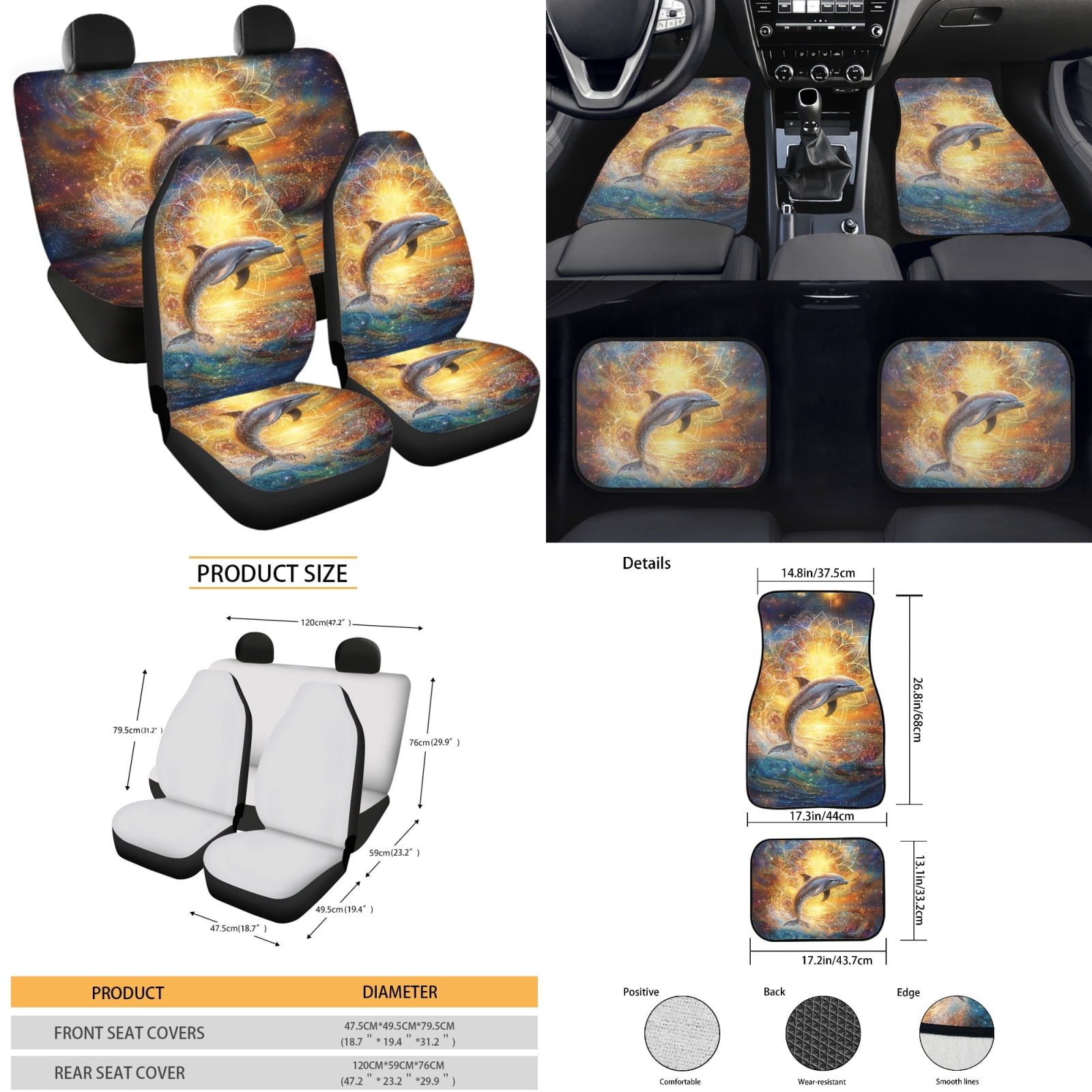Yuyamidu Dolphin Car Front Back Seat Covers Boho Mandala Flower Car Carpet Mats Steering Wheel Cover Seat Belt Pad Handbrake Cover Set Coasters, Set of 15