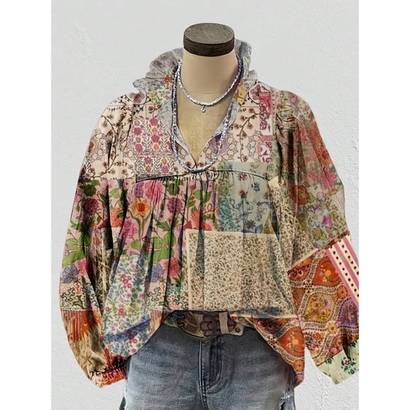 All Over Print Floral None Floral Print Slit Neck Bubble Sleeve Top Spring/Summer