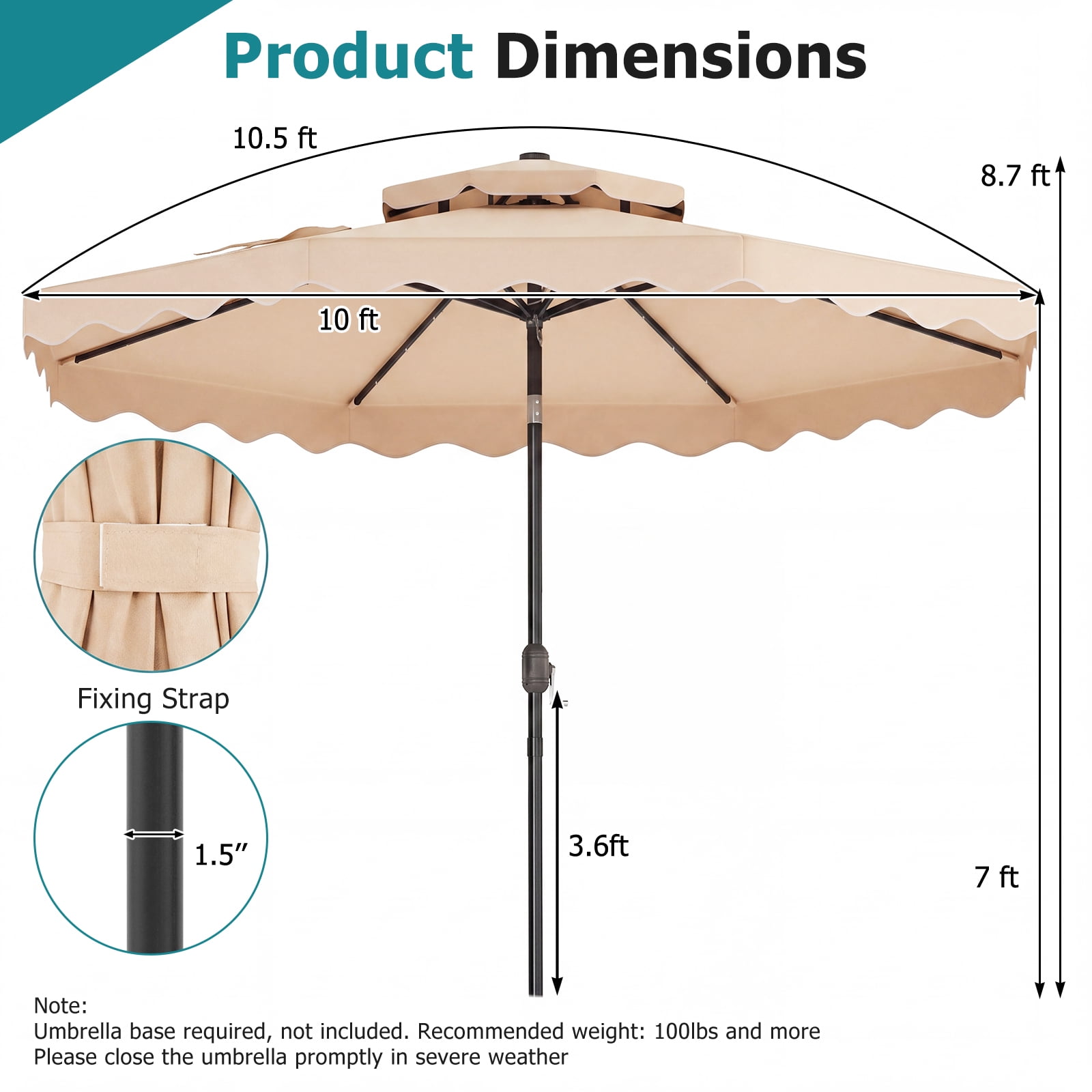Costway 10 FT Solar LED Patio Umbrella, Push-Button Tilt & Crank, 24 LED Lights & 8 Ribs Beige
