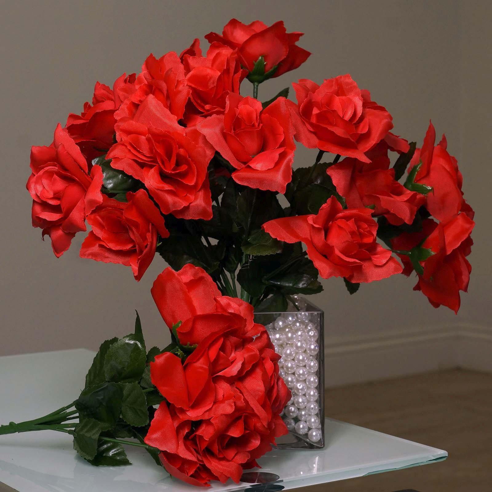 12 Bushes 84 pcs Red Artificial Silk Rose Flowers With Green Leaves