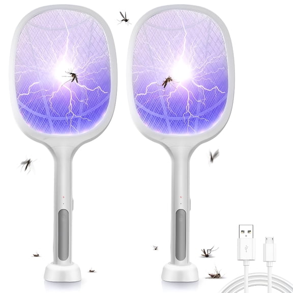 ACDANC Electric Fly Swatter Racket 2 Pack,2 in 1 Bug Zapper with Usb Rechargeable Base,4000 Volt Mosquito Killer with 3-Layer Safety Mesh for Pest Insect Control for Indoor,Office,Backyard,Camping