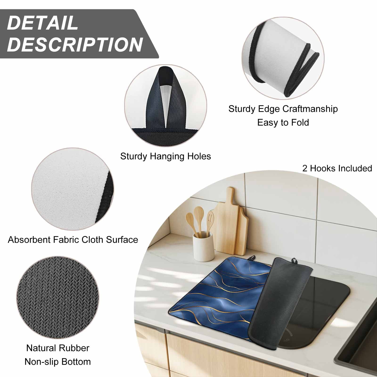 Navy Blue Marble Stove Top Cover for Electric Stove, Heat-proof & Non Slip Glass Top Stove Cover Protector, Abstract Modern Golden Geometric Kitchen Flat Cooktop Rubber Mat 24x21 Inches
