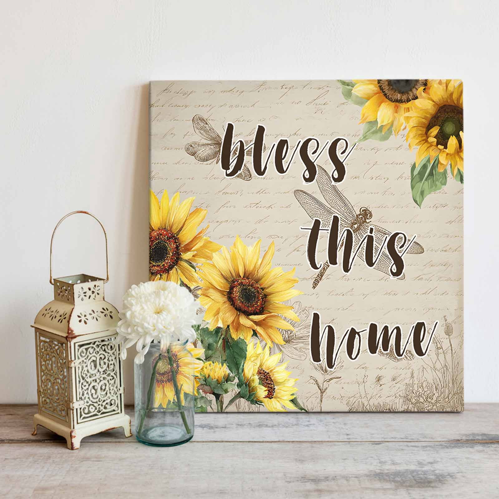 Blesses This Home Framed Canvas Wall Art, Sunflower Floral Dragonflies Farm Vintage Wall Art Painting for Living Room Bedroom Home Decor, 12”x12”, Office Artwork Print