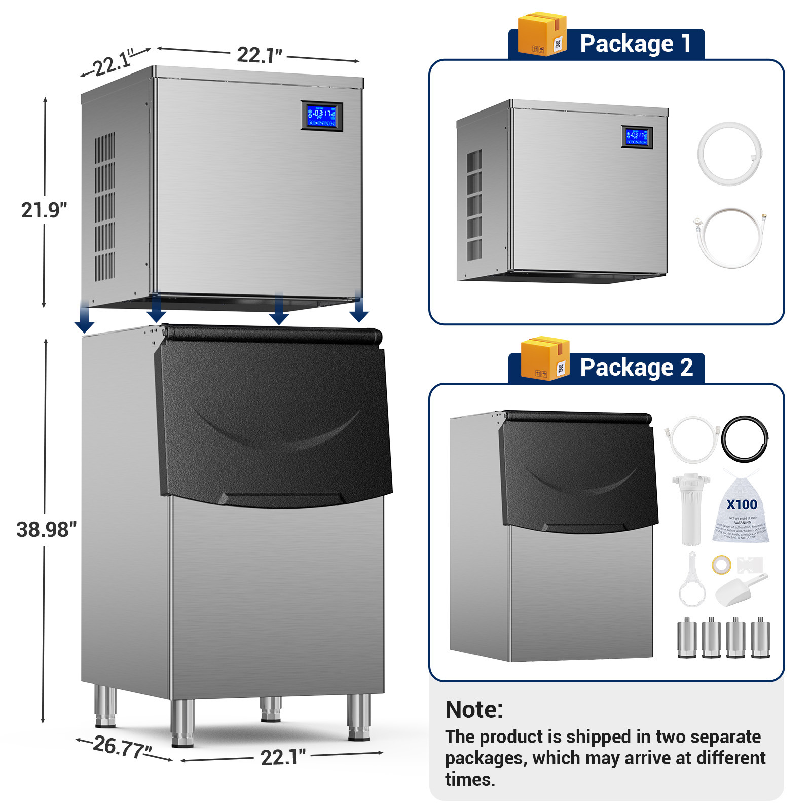 Joreek Commercial Ice Machine 650 Lbs/24H, 450Lbs Large Storage, Ice Ready in 8-15 Min, ETL Approval, Powerfull Compressor, Auto Cleaning, Stainless Steel ice Maker for Bar Cafe Restaurant