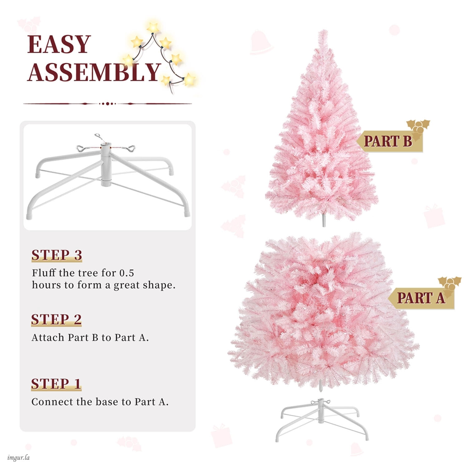 Alden Design 4.5FT Artificial Pre-lit Christmas Fir Tree with Foldable Stand and 150 LED Warm Lights,Pink