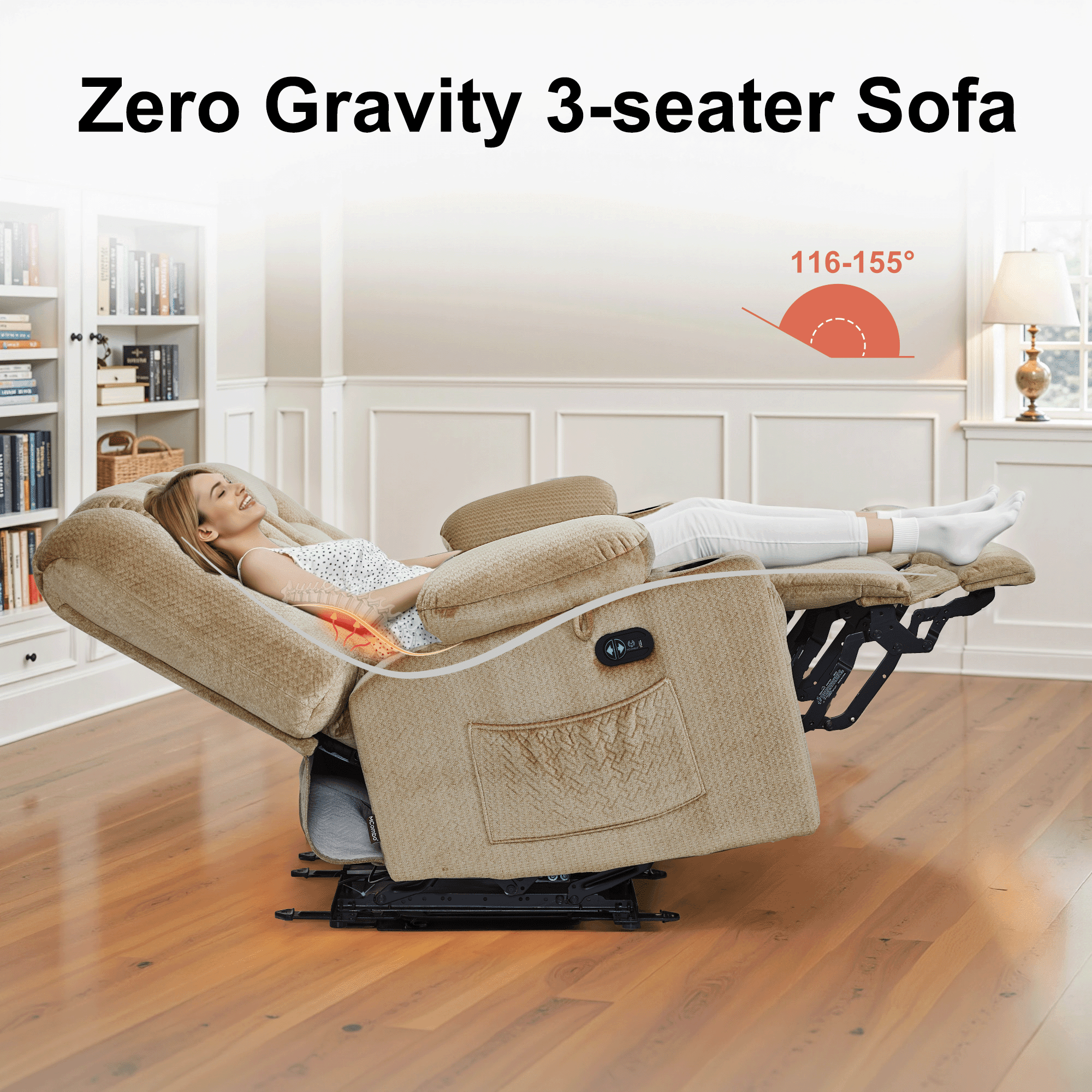 MCombo 3 Seater Zero Gravity Power Reclining Sofa for Living Room, Fabric, Beige