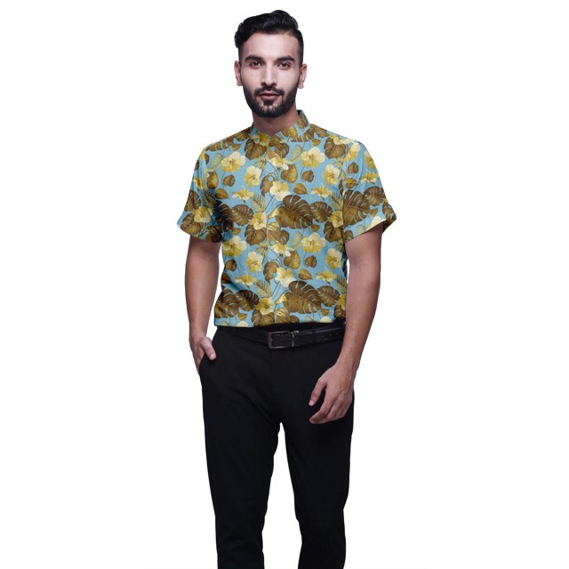 BESTMAN Chemise en Coton pour Hommes Manches Courtes Col Mandarin Imprimé Chemise Décontractée