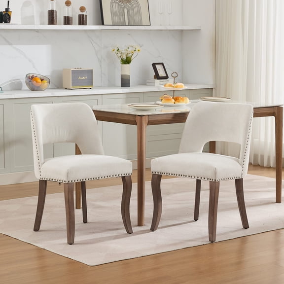 Jianyuan Song 2-Pack Modern Fabric Upholstered Dining Chairs, Hollow-Out Back with Rivet Trim & Curved Rubberwood Legs, Farmhouse Kitchen Dinner Chairs, Beige