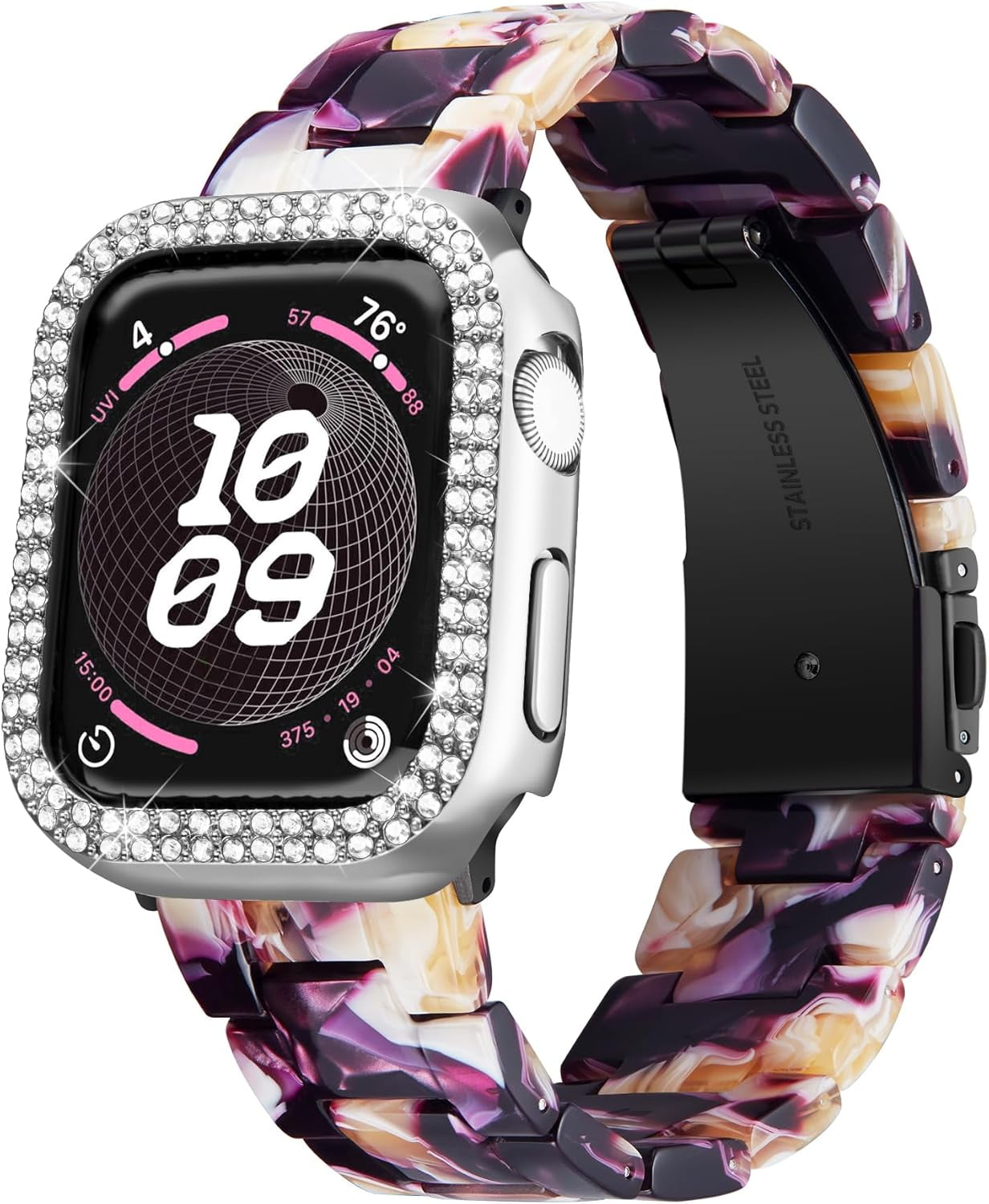 XIHAMA Resin Watch Bands for Apple Watch Band 40mm 41mm 44mm 45mm iWatch Watch Strap with Glitter Bling Protective Case Cover Wristband for Apple Watch Series 8 7 SE SE2 6 5 4