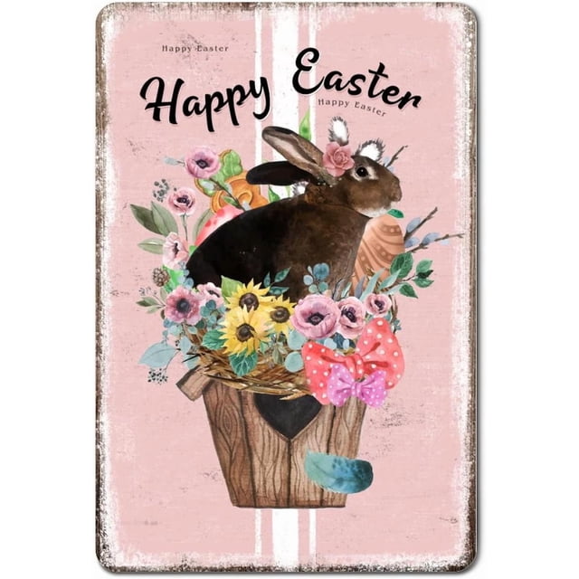 Letreros de metal retro vintage con diseño de Pascua y flores de primavera, huevos de conejo de Pascua, placa de metal, decoración primaveral de 12 x 8 pulgadas