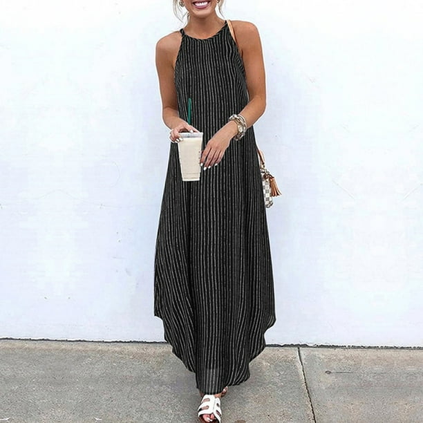 Henpk Summer Dresses for Women Striped T Shirt Dress Casual Midi Dress  Short Sleeve Sundress with Pockets Summer Striped Asymmetric Sundress Strap Long  Bohemian Dress Black L - Walmart Business Supplies