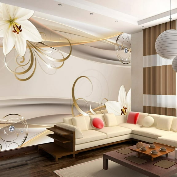 Tiptophomedecor Peel and Stick Floral Wallpaper Wall Mural - Lilies And The Gold Spirals - Removable Wall Decals