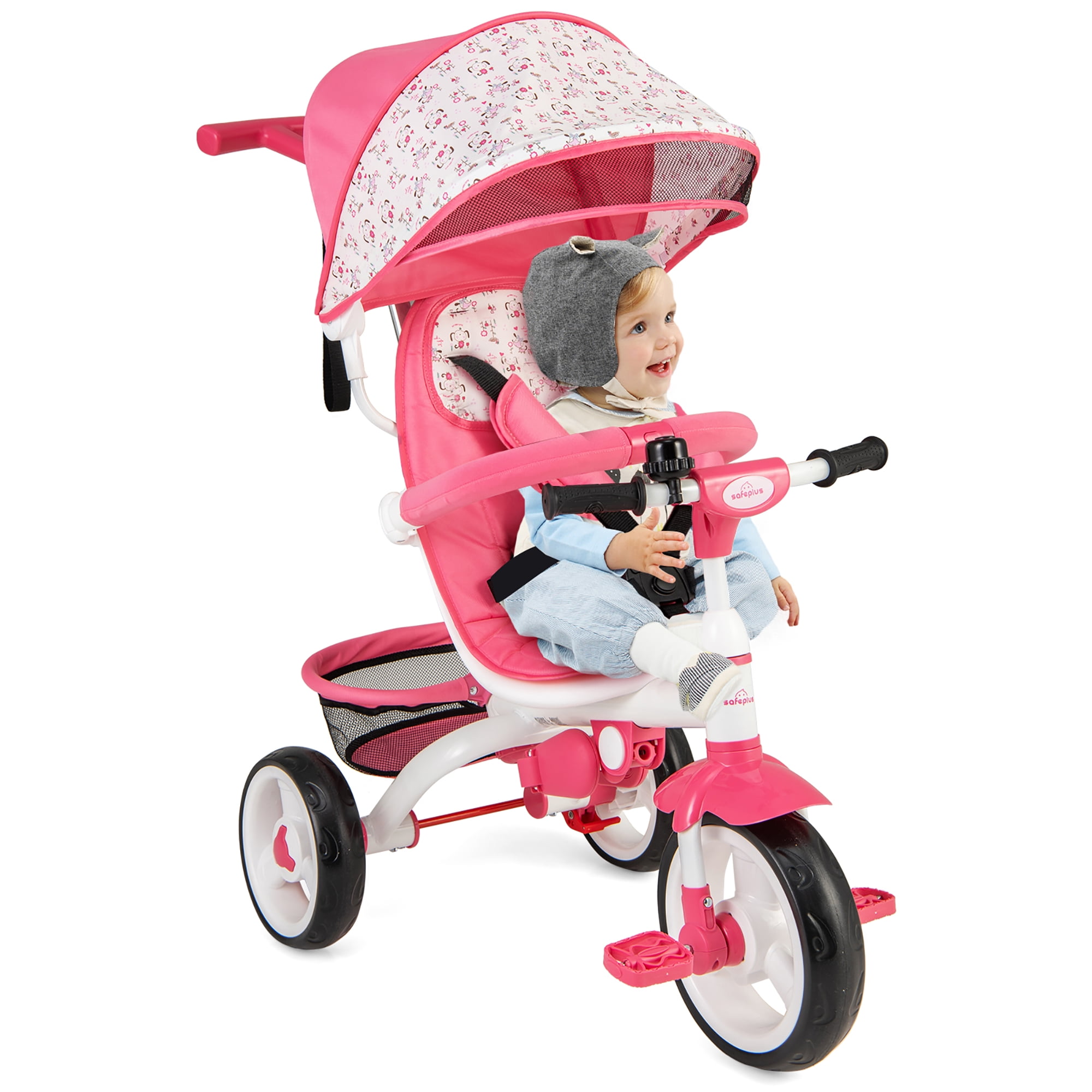 Gymax Baby Tricycle Stroller 6-in-1 Kids Push Trike w/ Removable 5-Position Canopy Pink