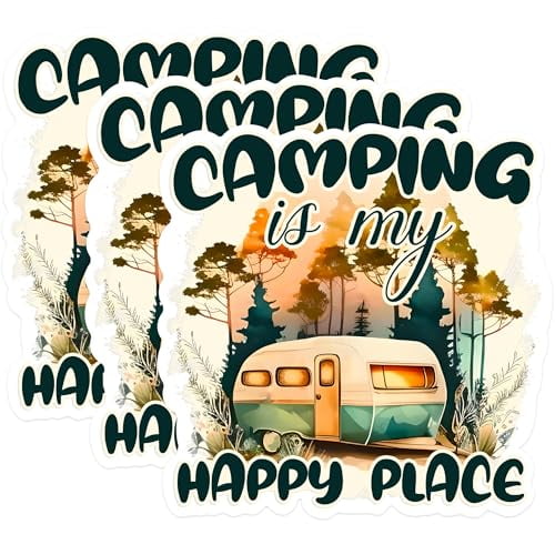 (3 Pack) Camping is My Happy Place Decals - RV Camper Stickers - Outdoor Adventure Decal - 3 Inches On Longest Side - Easy Peel & Apply - Made in USA - 3MCS1681