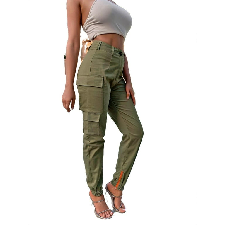 Womens Cargo Pants Pants Casual Zipper Fly High Waist Army Green S