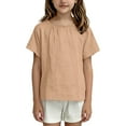 thumbnail image 4 of Girls Linen Tops Short Sleeve T-shirts Solid Color Casual Summer Cozy Tees Loose Fit Crew Neck Tshirts (2-3 Years, Khaki), 4 of 7