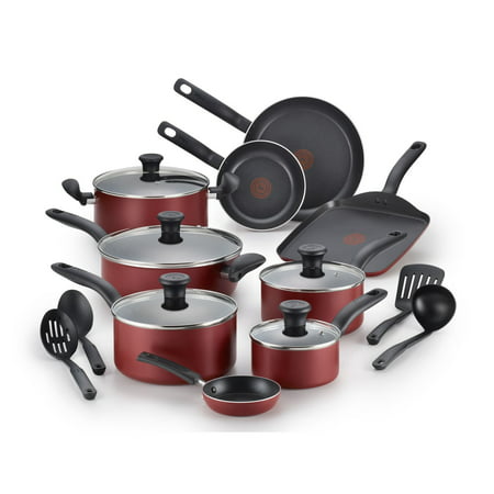 T-fal, Initiatives Nonstick 18 Pc. Set, Dishwasher Safe Cookware, Red, (Best T Fal Cookware Set)