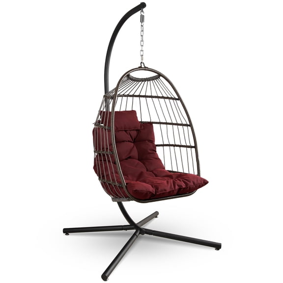 SereneLife Foldable Egg Chair with Stand – Hanging Rattan Wicker Swing for Indoor Outdoor Use – 350 lbs Capacity, Breathable Cushion & Headrest – Patio, Balcony, Porch, Bedroom Lounge Furniture